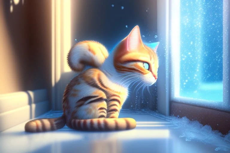 cute chibi thankful cat praying in an icy room in sunshine