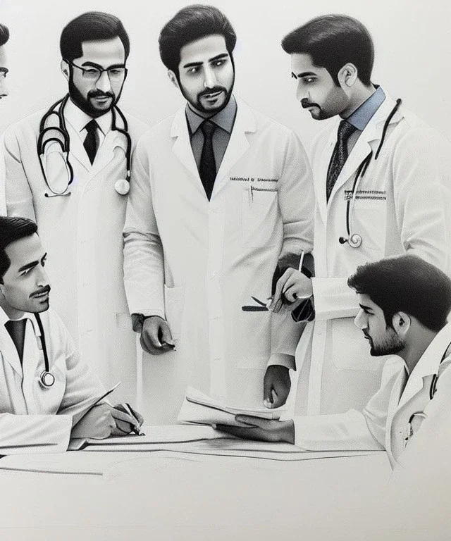 Pencil sketch of Four doctors are discussing ، on lined paper