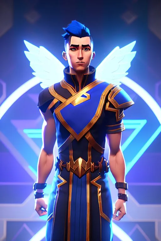 a human male with blue short hair and blue wings in an assymetrical armor with geometric patterns and a book in hand