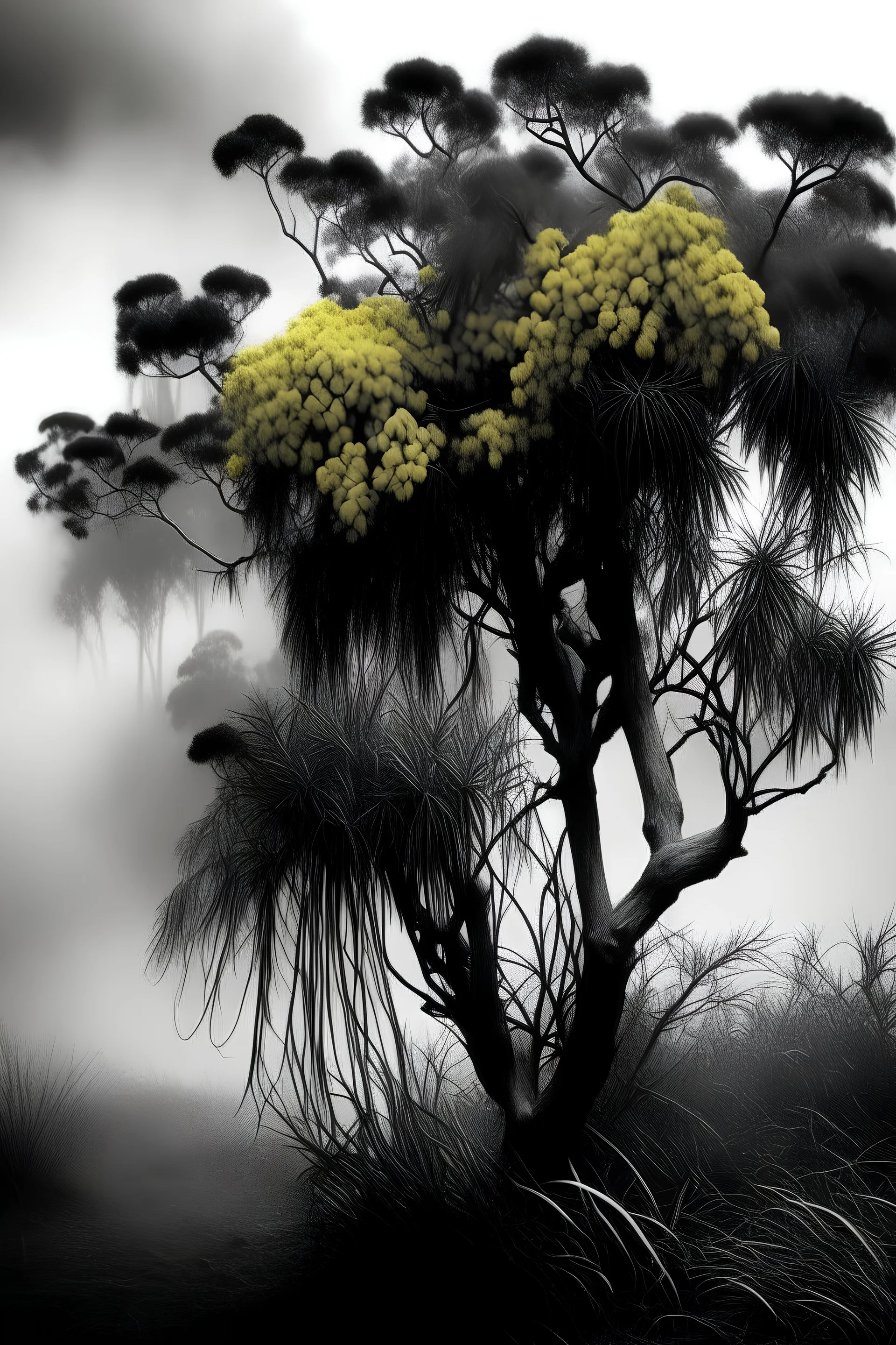 black and white photography of a big mimosa tree full of yellow flowers. fogy weather, smoke, dark, vintage, realistic photography, artistic photography, accurate details, forest behind the tree.