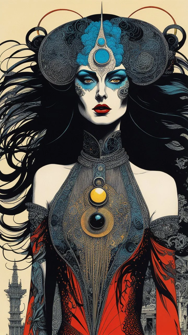 Jean- Giraud Moebius, Max Ernst, and Ravi Zupa, surrealistic Vogue style, ink oil fashion illustration, (full body, close up, shot:1.6), haute couture, goth vampire girl with highly defined hair and facial features, black mascara, broad brushstrokes, energetic, highly detailed, boldly inked, vivid chromatic color, ethereal, otherworldly