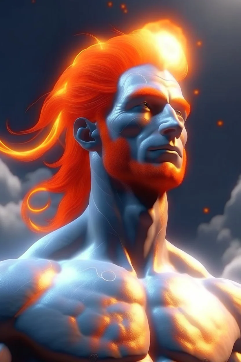 a slim muscular god with galaxy's in his eyes, glowing orange hair that looks like it's made of the sun, a light gray body made of clouds with glowing cracks of orange within it in cloud patterns. realistic 4k