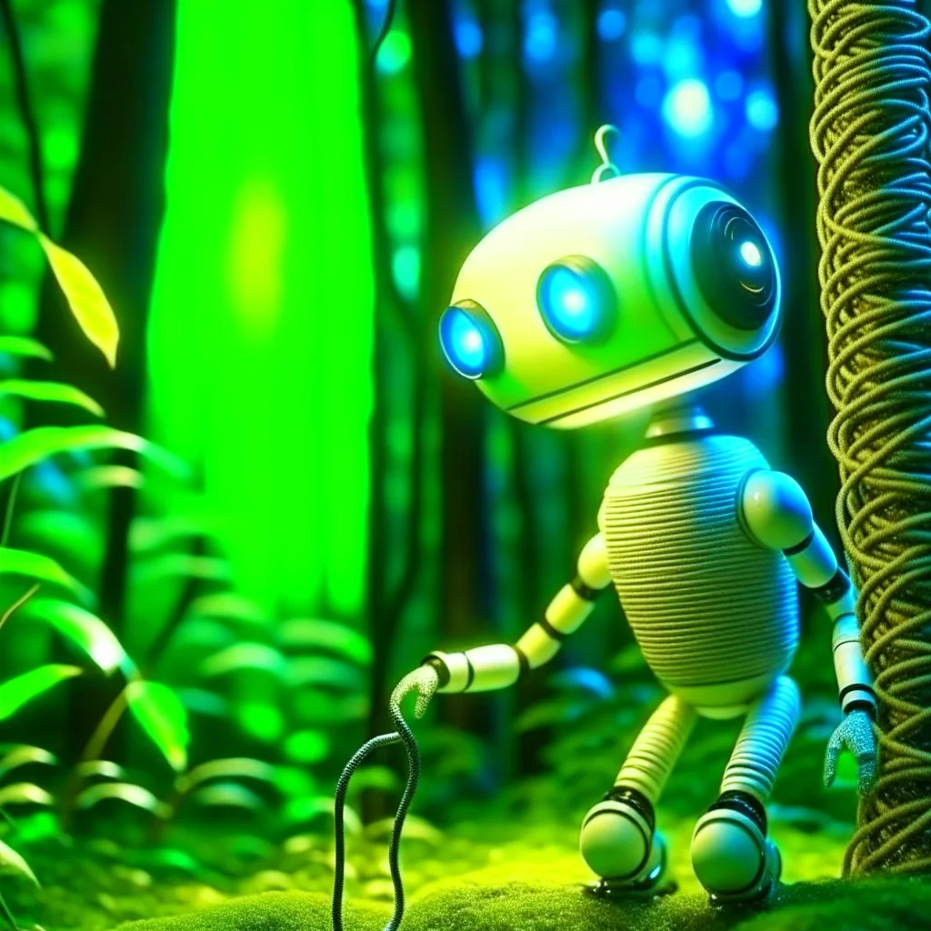 portrait of a cute chat robot suspende by rope in an underground grove, in the style of dali, 8k, down-light, soft light, depth of field, photo realism, trending on art station, high detail,