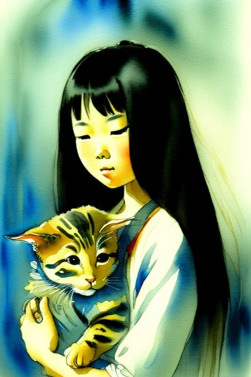 A cute asian girl is holding a kitten. Watercolour