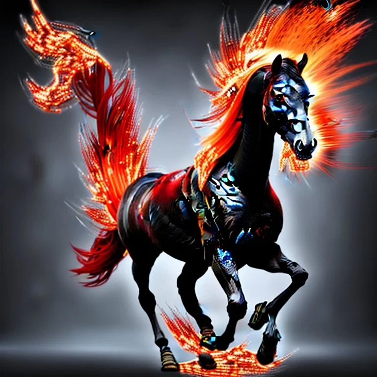 Black muscular horse with red eyes, fire, ice, lightning