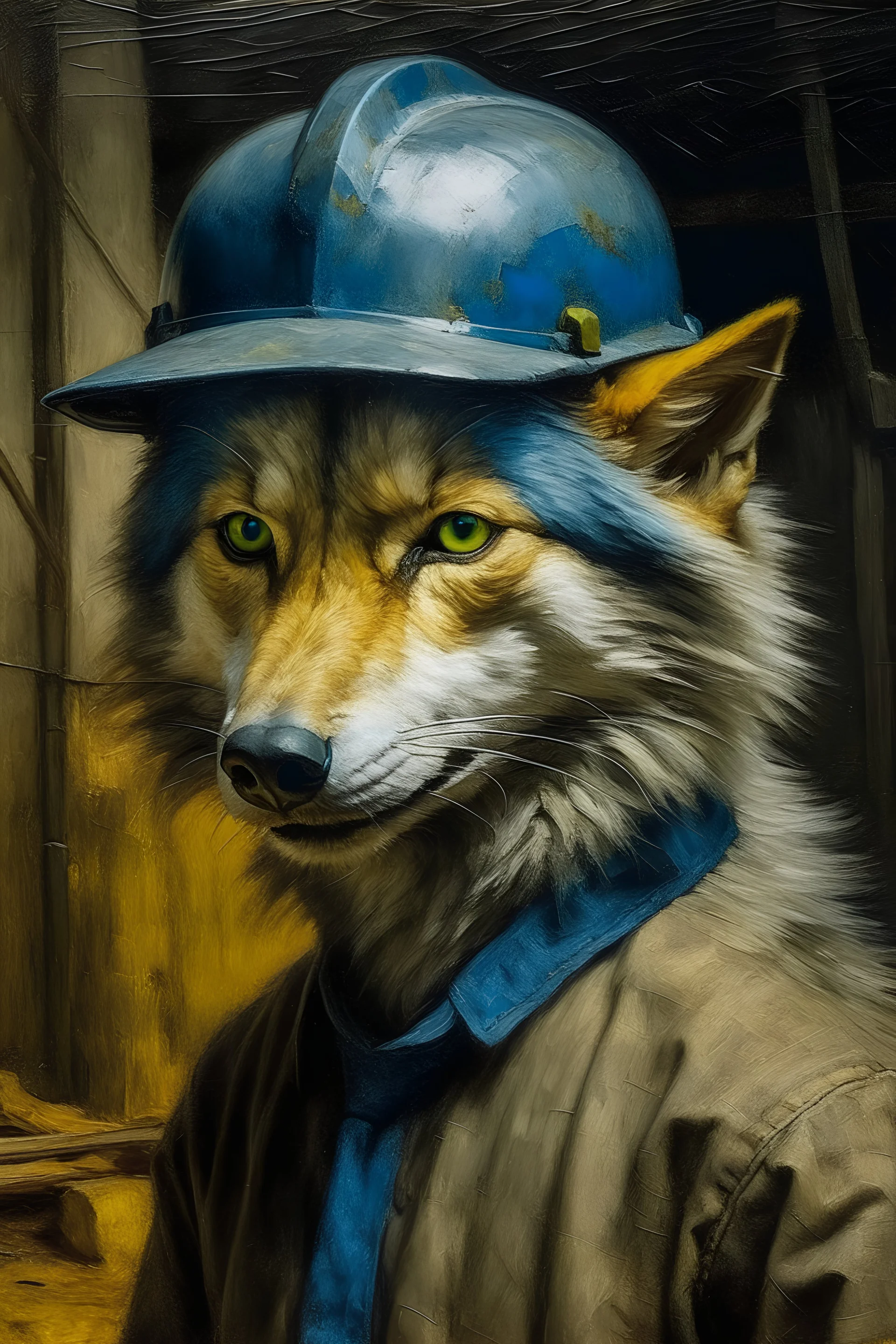 a painting by van gogh of a wolf with a hard hat
