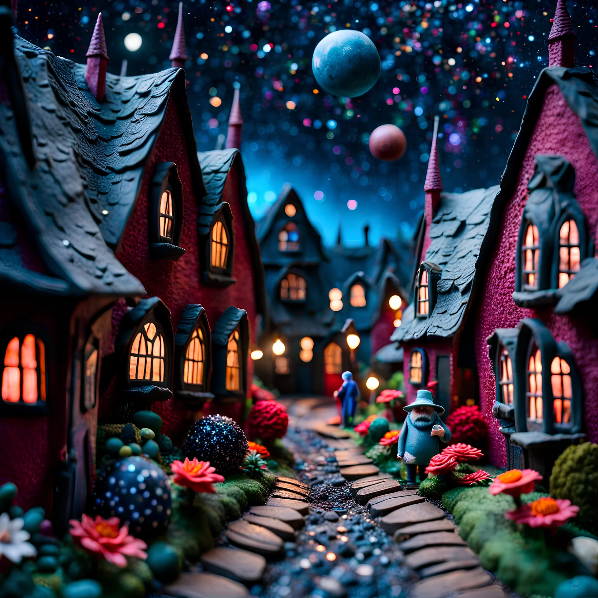 Detailed people, creepy street made of modeling clay, naïve, village, stars and planets, splimapys, sun, splops, volumetric light, giant flowers, naïve, Tim Burton, strong texture, st, orero dream, extreme detail, Max Ernst, decal, rich moody colors, sparkles, Harry Potter, bokeh, odd, sbuc