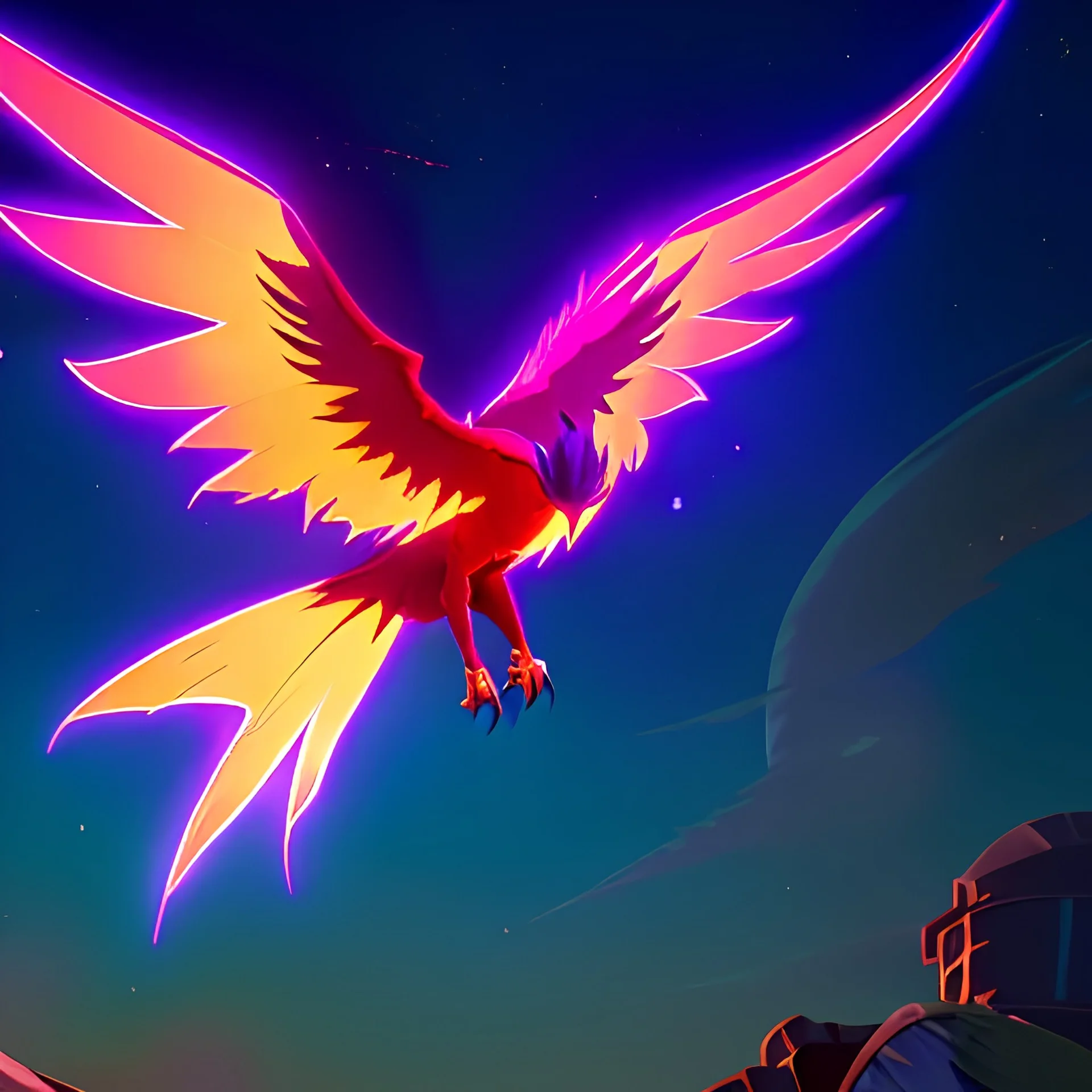 phoenix in space, black and blue sun in background, shooting stars in background, comet trail behind wings, vibrant phoenix