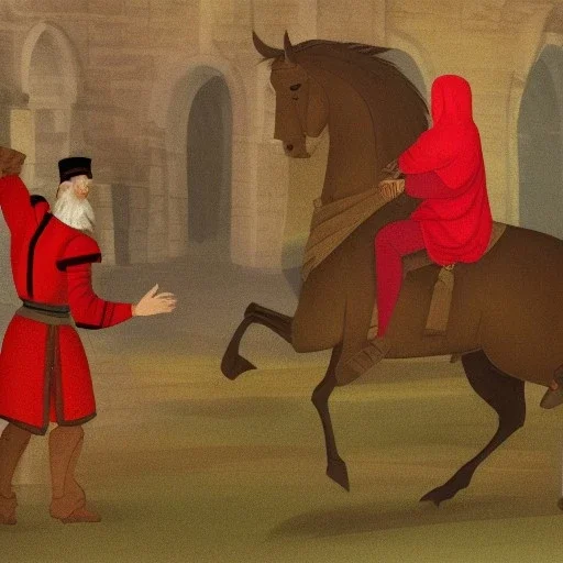 a man dressed in red on a dark horse meets a dwarf on the road, medieval style