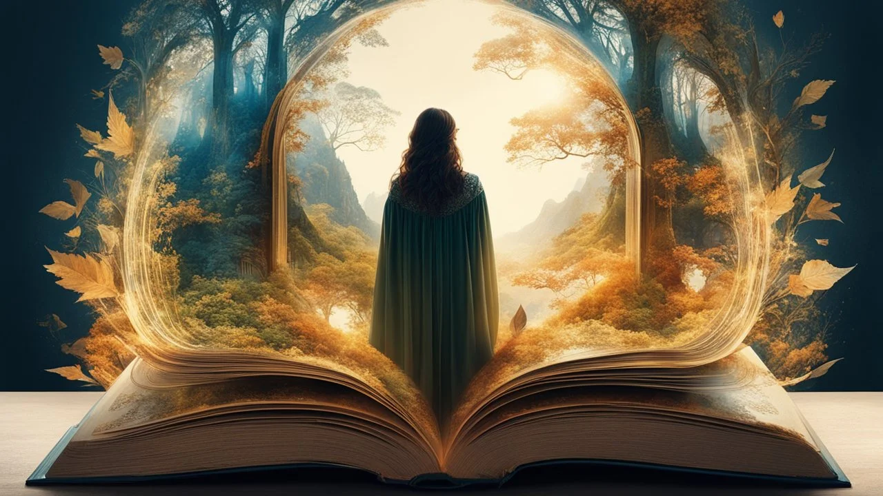 Hyperreal digital art style, "Fairytale", fantasy world coming out of centered book, open book, hyperdetailed double exposure fantasy illustration, masterpiece, cinematic, by Andreas Lie, Luke Gram, photorealism, backlit, gorgeous light