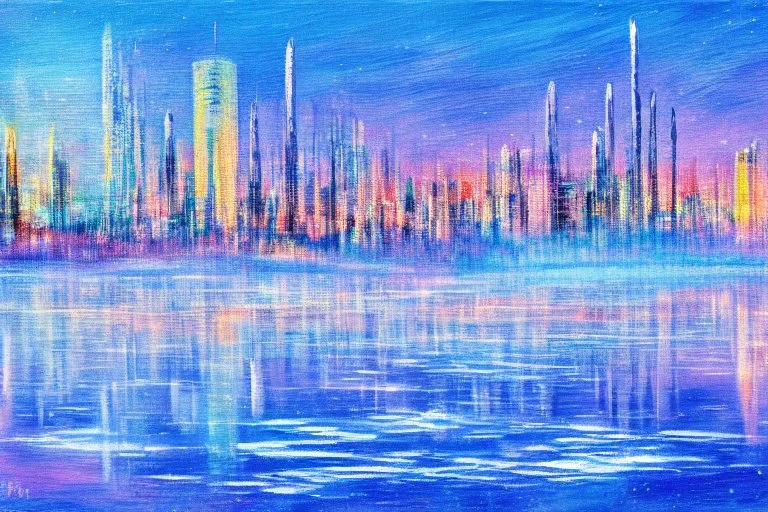 Science fiction city near frozen lake, impressionism painting