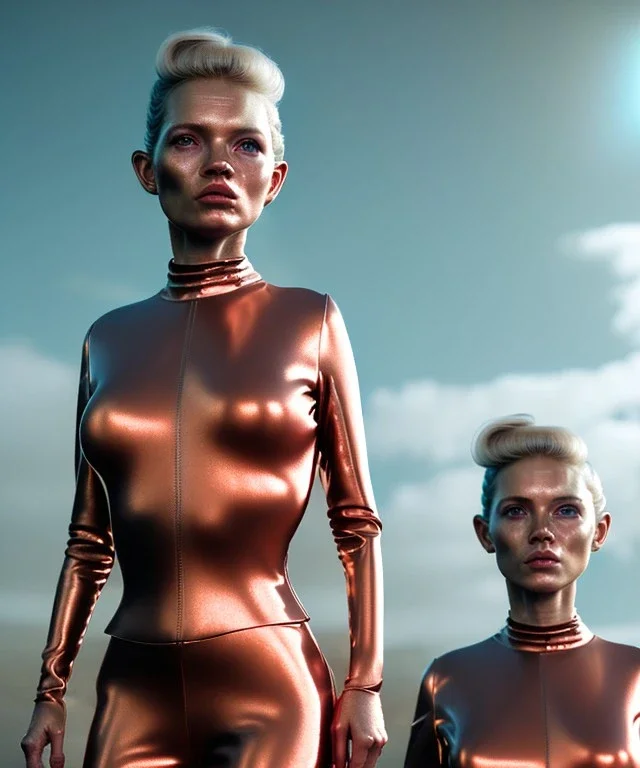 Ultra Realistic retro sci-fi movie scene, waist up view portrait, 3 clones blonde women, sweet young Kate moss face, perfect iris, glow eyes, face makeup. Mars and martians background, Retro sci-fi style, helmet, tight latex coat, fog, rain, soft color, highly detailed, unreal engine 5, ray tracing, RTX, lumen lighting, ultra detail, volumetric lighting, 3d, finely drawn, high definition, high resolution.