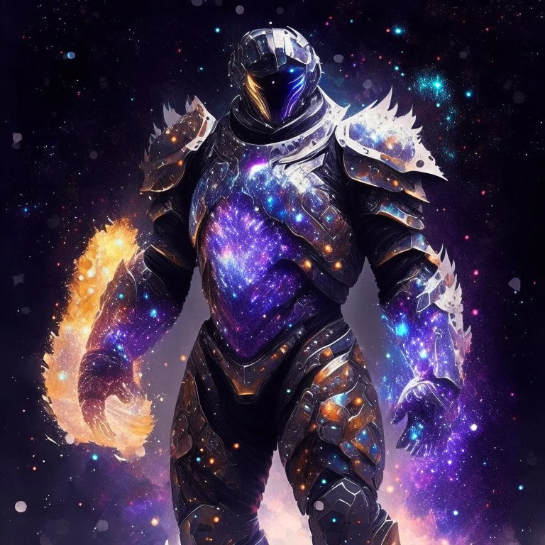 A battle suit made of galaxies and stars with a glove that has seven endless stones Battle armor from the extract of galaxies Battle armor from the extract of galaxies with a fiery sword