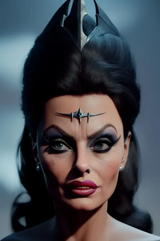 young sophia loren as evil queen in black leather, angry, stern look, volumetric lighting, particales,highly detailed,cinematic, deep colours,8