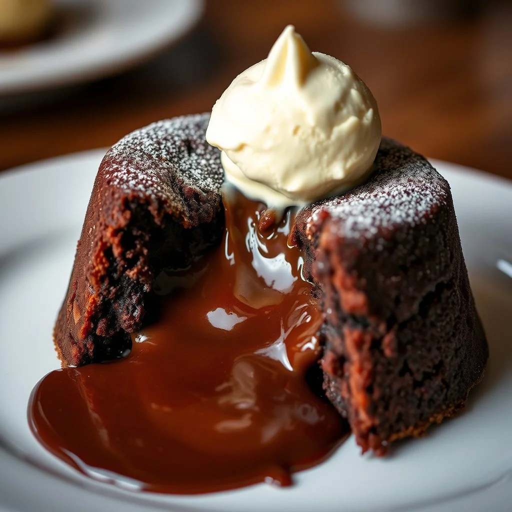 A decadent Molten Lava Cake, oozing with hot molten chocolate from its cracked center, elegantly presented on a plate with a dollop of creamy ice cream perched on top. This sumptuous dessert is depicted in a photograph, capturing the richness of its textures and colors. The luscious chocolate appears almost liquid, while the cake's exterior glistens with a hint of golden crust. The ice cream melts slightly, creating a tantalizing contrast of temperatures. The image exudes a sense of indulgence a