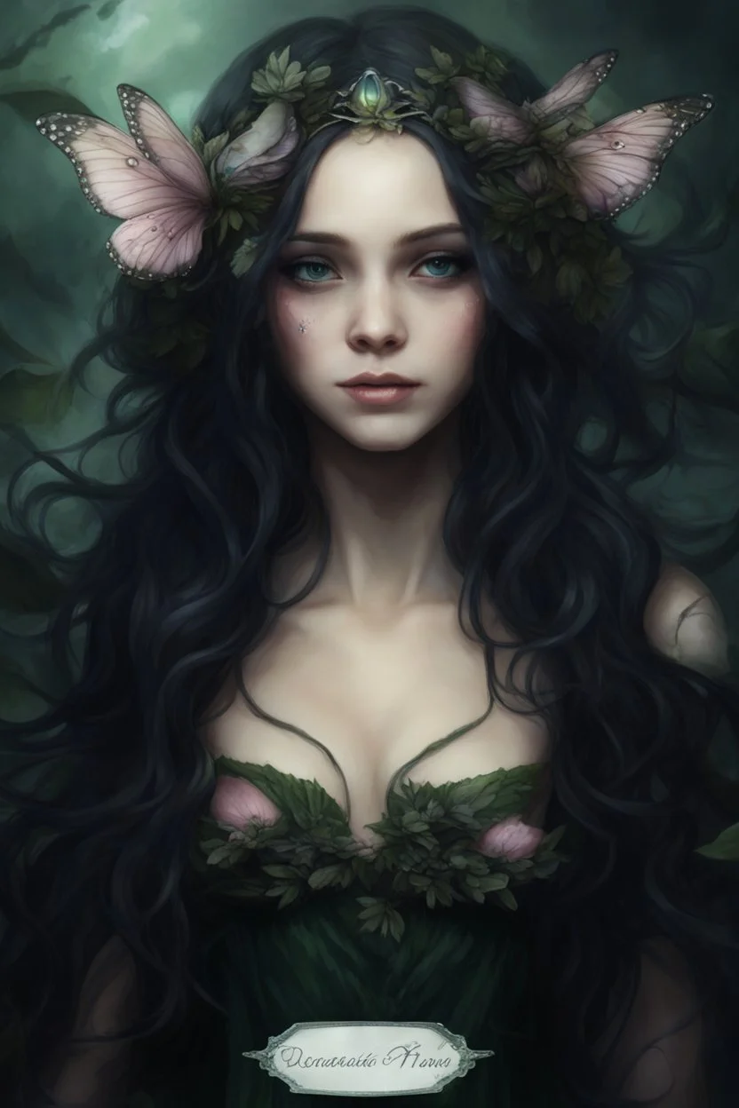 Water lilies Dark green long hair Dark Fairy princess queen crown butterflies dragonflies fireflies elven tiara flowers fairy wings emerald moss