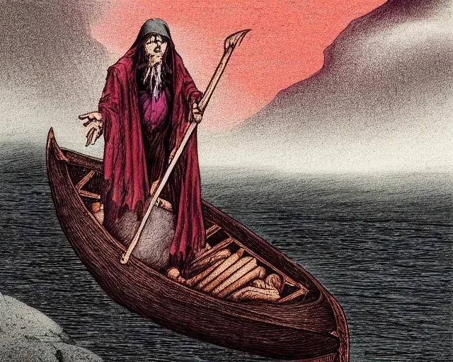 Charon the ferryman in his boat on the river Styx, red black purple colours, 8k, high definition, fantasy art, winding river, sharp jagged rocks, high contrast colours, sharp detail, lava river,