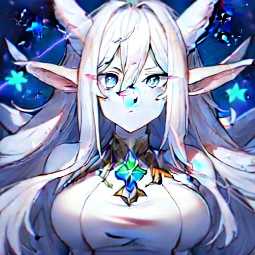 cosmic mage, elf, female, battle mage, epic, cosmic magic, long ears, white hair, face details, pale skin, jewellery, broad shoulders, sharp ears, cosmic clothes, cosmic eyes, ears shown, light out of eyes, the cosmos in eyes, stars in eyes, shining eyes, non human face, thin face, animation, detailed ears, magical eyes, non realistic, closed mouth, bigger make up, smile