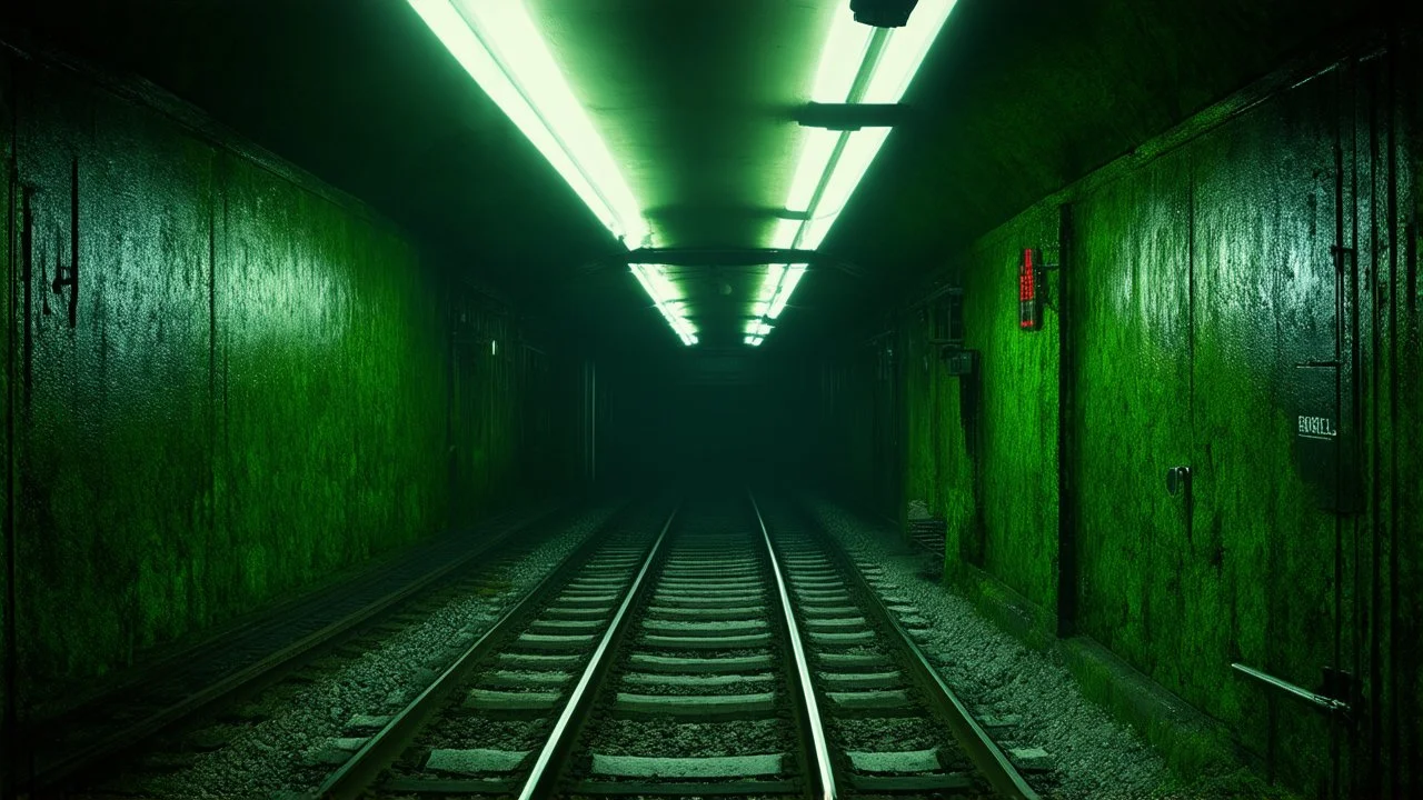GAME CONCEPT ART .Inside the old subway tracks, . Low light and closed green moss walls. Like the original design of the game space ,digital art.landscape,far camera old painting,2 Chen and George Hopper, Rembrandt lighting, a dark green color scheme, ethereal light. --ar 13:16 --v 6. 0 metro game