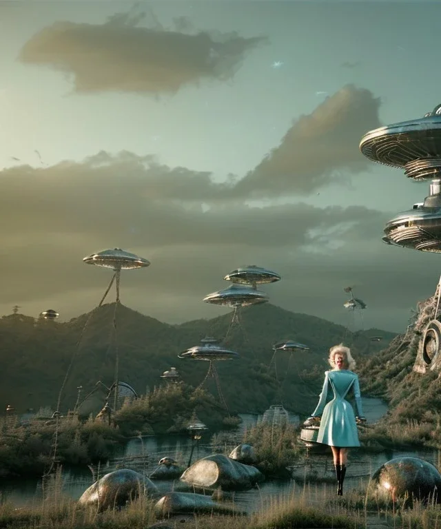 Ultra Realistic retro sci-fi 1960 scene, waist up view portrait, blonde woman, sweet young Marilyn Monroe face, perfect iris, tight latex coat, alien planet background, tight style, steel sphere dron levitating, fog, rain, soft color, highly detailed, unreal engine 5, ray tracing, RTX, lumen lighting, ultra detail, volumetric lighting, 3d, finely drawn, high definition, high resolution.