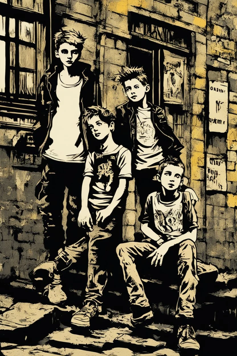 Three teenage street children two boys and one punk girl in book-cover poses on the screen of an old town plus a black cat as a companion, graphic style, banksy style