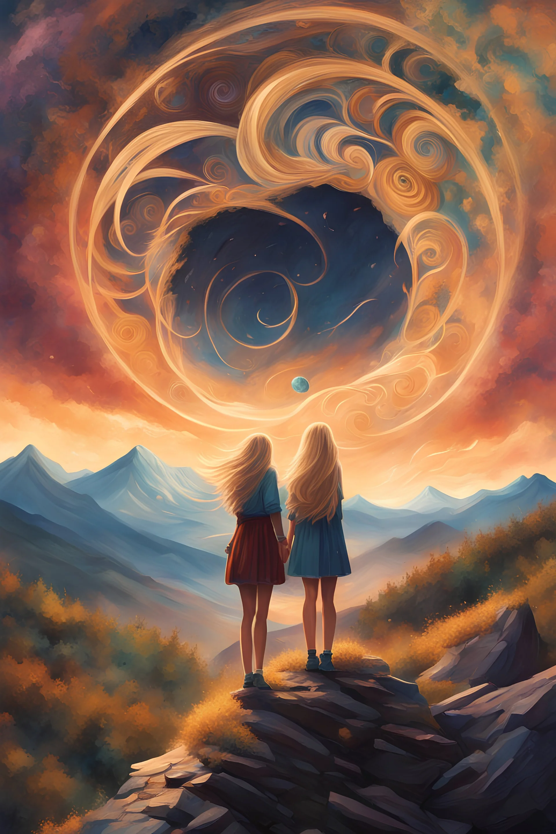 Book cover art. The sky is full of spirals. Two college girls standing on a mountain. One girl has blonde hair.