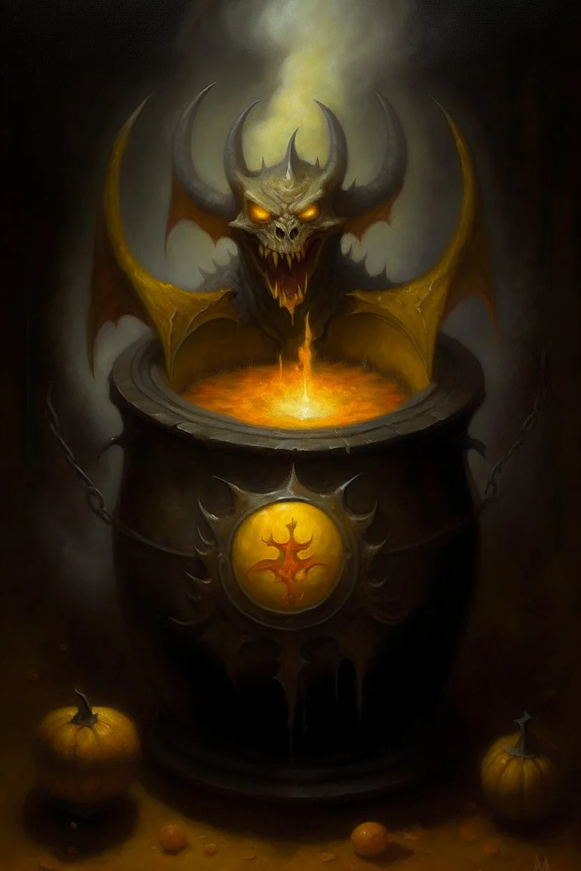 Living cauldron with yellow sigil, slightly demonic seal bat in it, prize winning oil painting