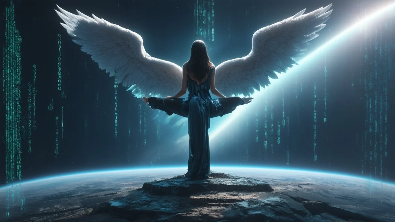 matrix codes and the back ground of the angels with wings siting on the monolith made of tiberium crystals of lights, matrix universe, space, planets