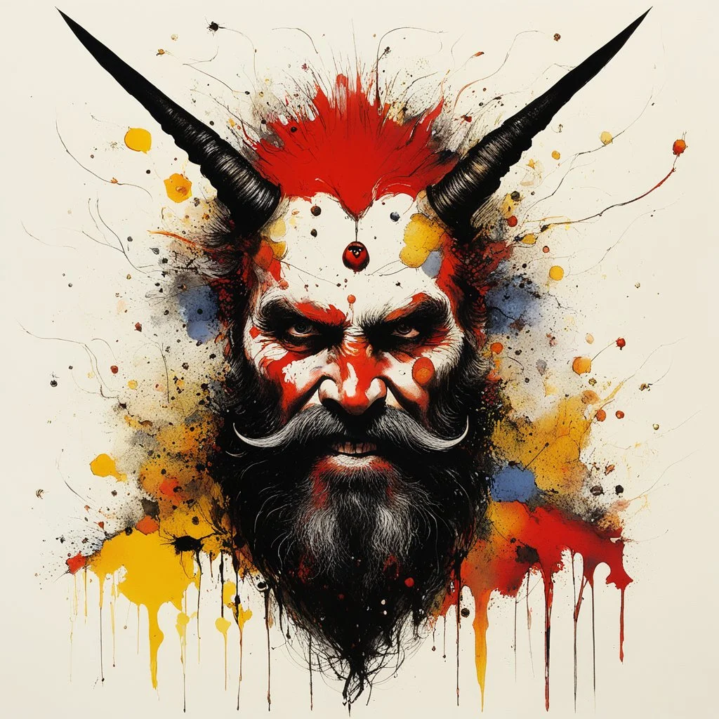 [art by Ralph Steadman] Devil of bees: a colourful Celtic warrior with a beard, covered by honey, In the heart of the buzzing hive, where the walls cracked and the sacred ways of life were defiled, there lurked the malevolent presence known as the Devil of Bees. This laughing entity, with a dark, twisting beard that seemed to writhe with a life of its own, wielded a power that struck fear