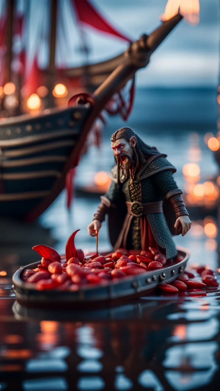 vampire sucking the blood of fish on a viking ship, on a glass pier ,bokeh like f/0.8, tilt-shift lens 8k, high detail, smooth render, down-light, unreal engine, prize winning