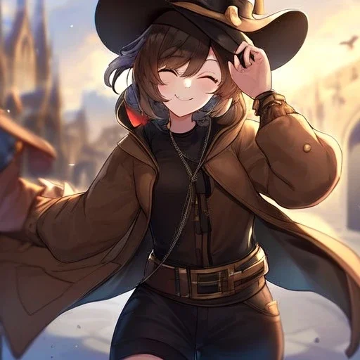 Clear focus, High resolution, short brown spiky hair, hair between eyes, eyes closed, wearing a brown detective hat, wearing a brown jacket and a black shirt, wearing black shorts, 1girl, pulling hat down, smiling, wearing a oversized jacket