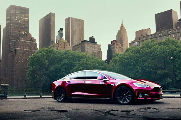 A Tesla 'Model Y' is parked, in 'Central Park' in New York City. (CINEMATIC, WIDE ANGLE LENS, PHOTO REAL)