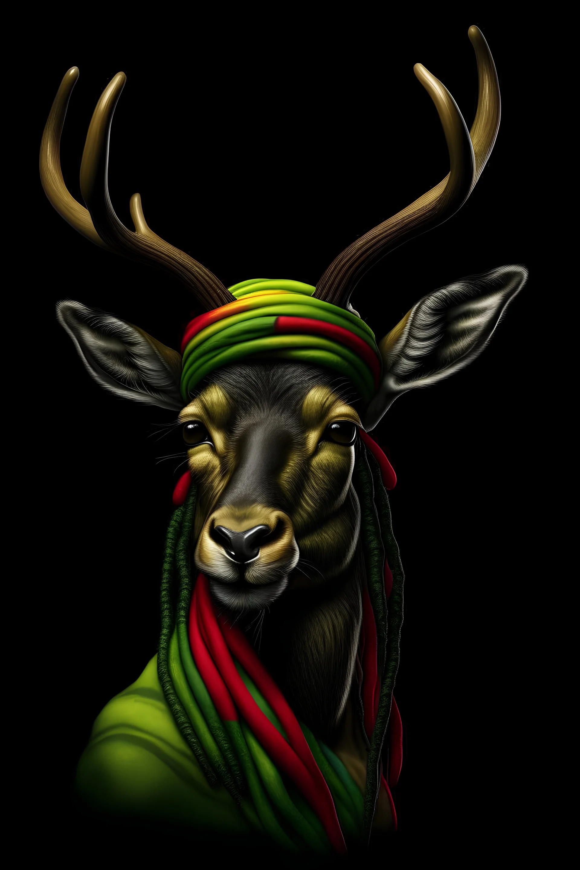 a masculine deer frontal view, with dreadlocks, green-yellow-red striped headband, in photorealistic, with a dark background