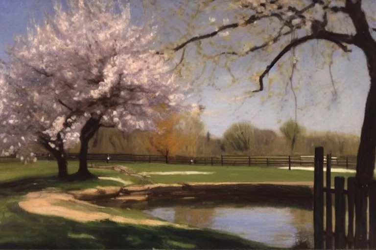 amazing sunny spring day, trees, flowers, fence, little pond, philip wilson steer impressionism painting