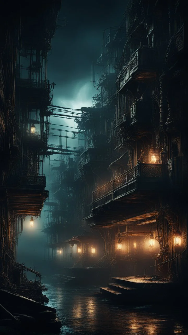 Si-Fi, The Island of Dr. Moreau atmospheric lighting effects, intricate industrial details, moody atmosphere, eerie grimdark ambiance, complex motherboard accents, speculative fiction art. Bokeh