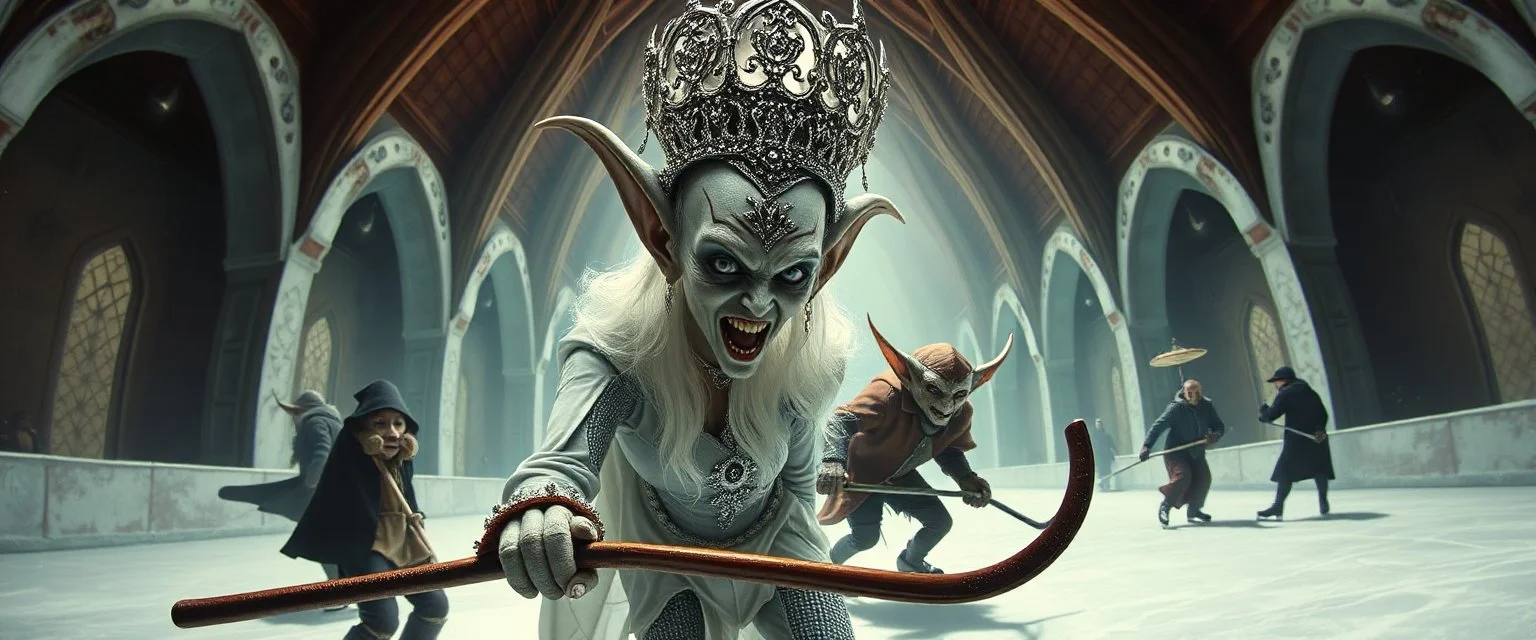 portrait of ice queen, pin hole cam, master oil painting by Rembrandt, d&d glam rock and glitter vampire gremlin illithid and lich playing hockey in ice skating hall or church, in the style of giger and escher, sci fi with floating little saucers