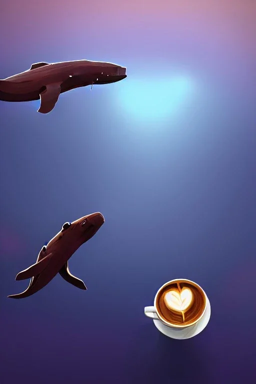 cup of coffee on sperm whale floating in space