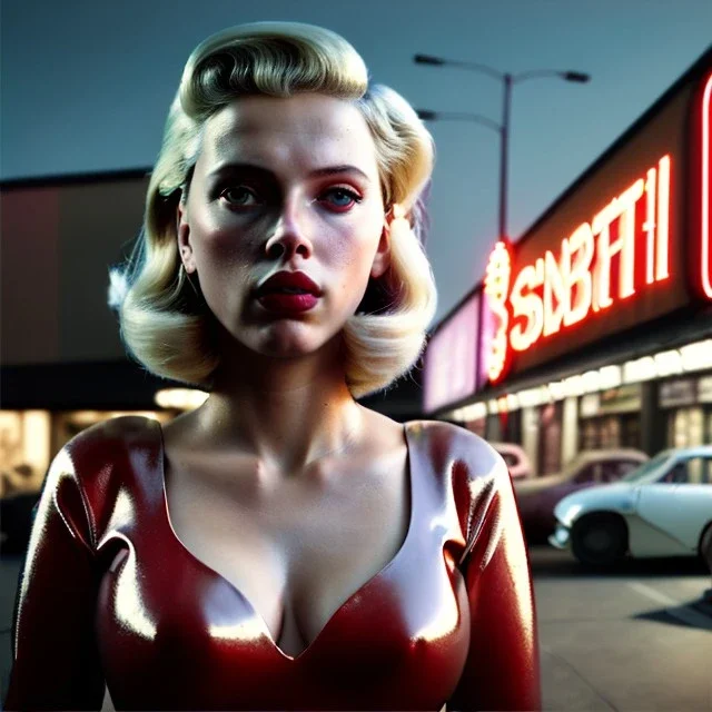 Ultra Realistic retro sci-fi burst Supermarket parking scene, 1960 year, blonde woman, sweet scarlet Johansson face, perfect iris, glow eyes, face makeup, tight latex coat; many panic people looking, Retro sci-fi style, soft color, highly detailed, unreal engine 5, ray tracing, RTX, lumen lighting, ultra detail, volumetric lighting, 3d, finely drawn, high definition, high resolution.