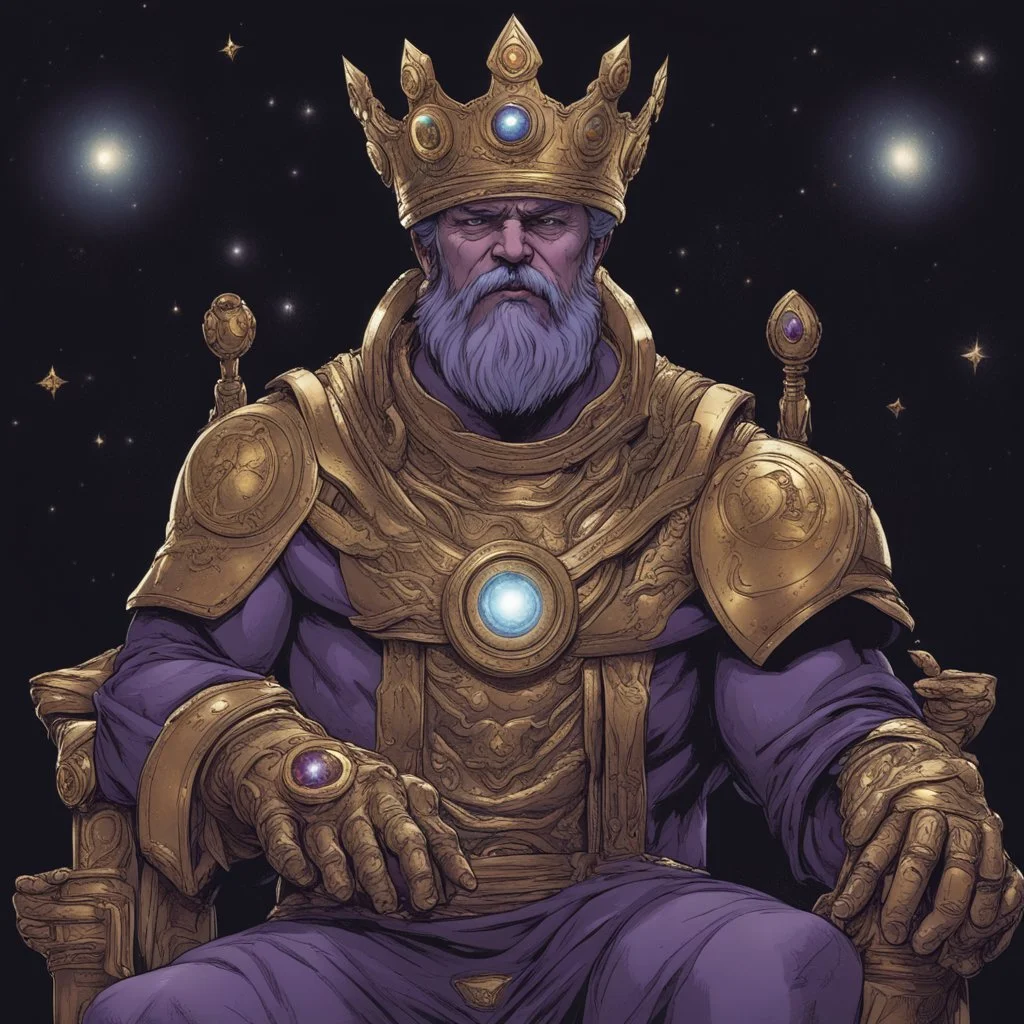 God-like man with infinite power who owns the galaxies and wears a beautiful crown with thanos Infinity Gauntlet