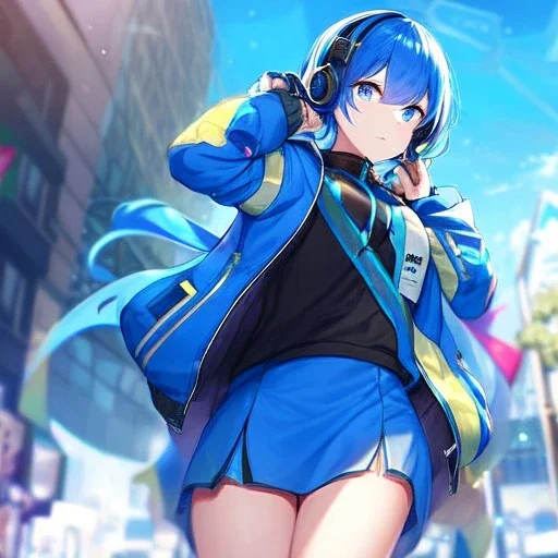 Clear focus,High resolution, Vibrant short blue hair, Vibrant blue eyes, Wearing a short skirt, Wearing a jacket, Wearing headphones