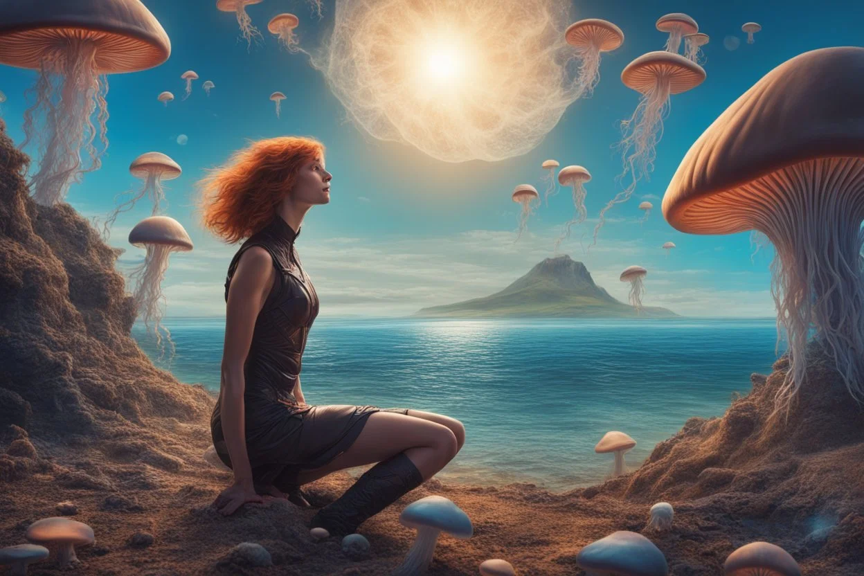 woman in a tight suit, on the shores of an alien world, with mushrooms, with jellyfish tentacles floating in the air, photorealistic, Detailed Matte Painting, Deep Colour, Fantastical, Intricate Detail, sunshine, blue sky