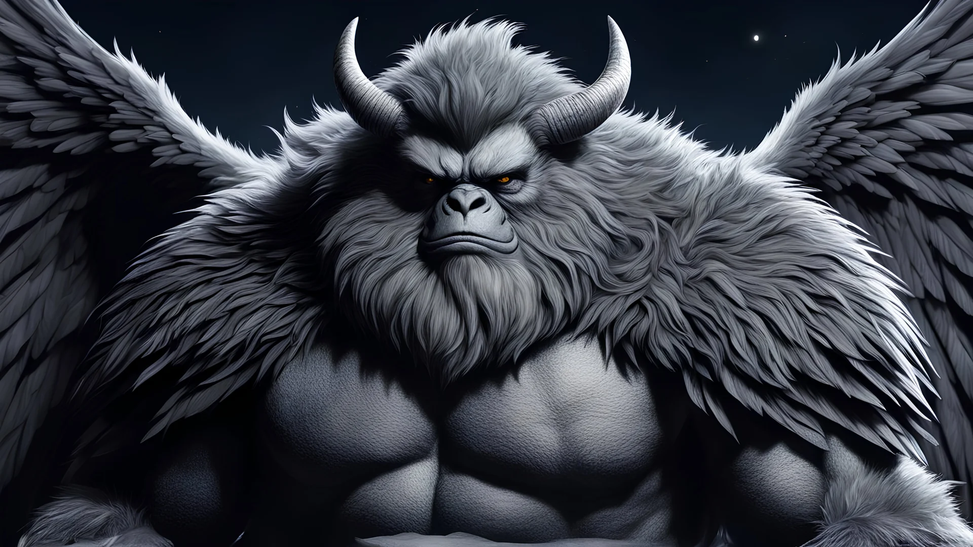 closeup big stocky gray furry monster man with dark wings, night, full moon, 8k, high quality, trending art, trending on artstation, sharp focus, studio photo, intricate details, highly detailed, by greg rutkowski