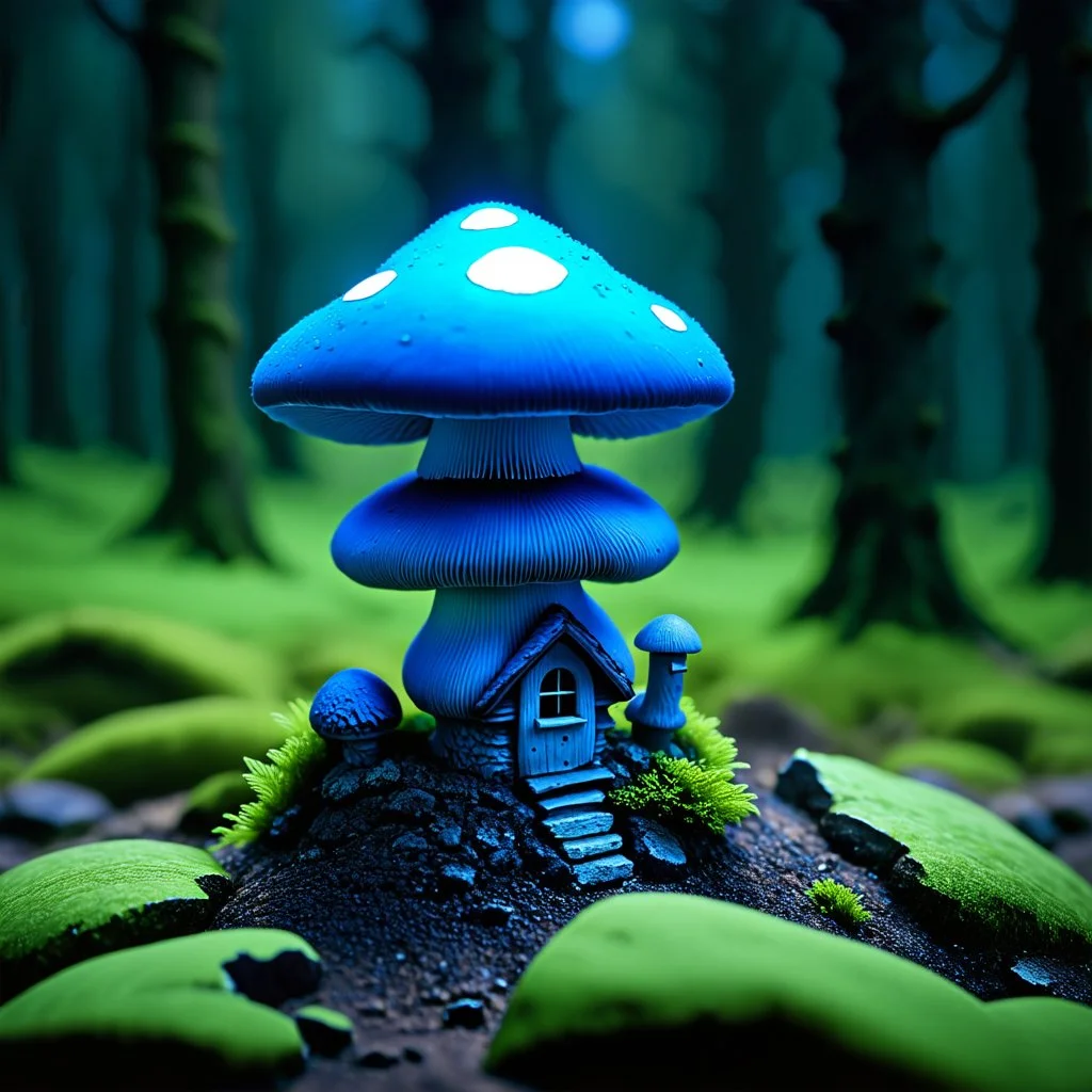 "Close up of a wonderful tiny Mushroom Tower home. blue and indigo with bright white, deep black and contrasting tones of gray. Illuminated bioluminescent forest. Professional painter, master at composition. small but detailed. broken, blurred background, voluminous lighting"