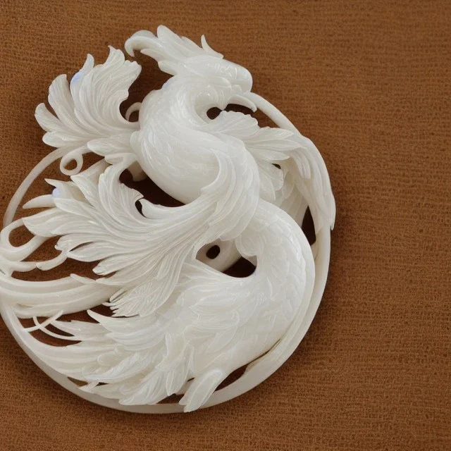 ivory brooch of a chinese phoenix, opalescent marble carving, decorative design, classical ornament, highly ornate, highly intricate, highly detailed etching, marble carving, warm lighting, linen backdrop