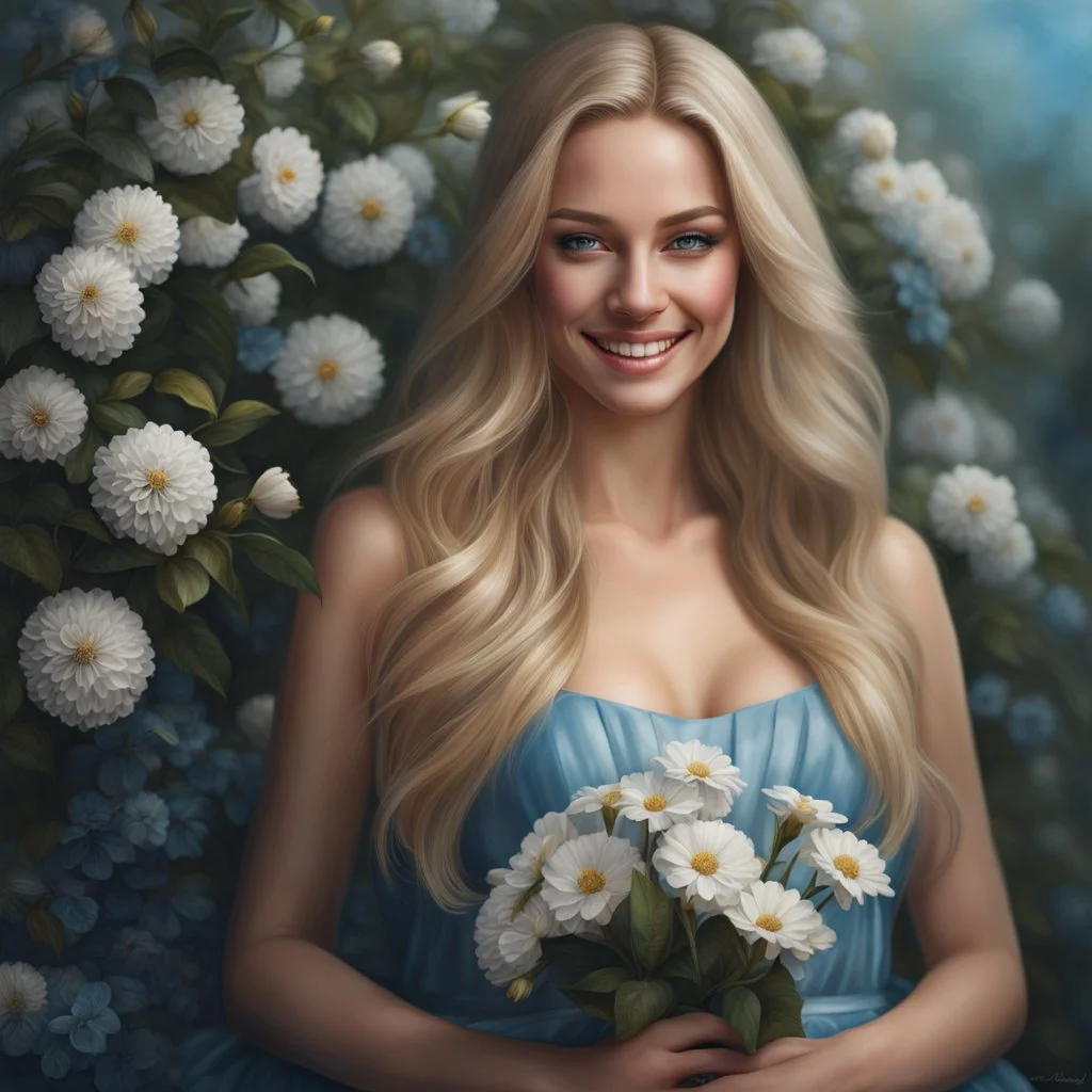 (best quality, 4k, 8k, highres, masterpiece:1.2), ultra-detailed, (realistic, photorealistic, photo-realistic:1.37),hyper realistic, full body gorgeous smiling 1woman,long hair,looking at viewer,realistic proportions,blue eyes,hair ornament,dress,very long hair,flower,blonde hair,parted lips,necklace,white dress,blonde hair,lips,blurry background,freckles,realistic,head wreath, pink flower,realistic portrait, dreamy fantasy landscape countryside,crystal castle behind