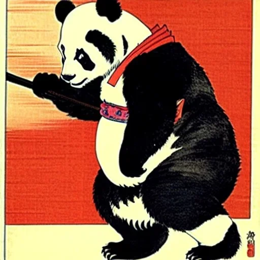 Panda, habillé comme un samurai, sombre, furieux, noir, rouge, peint par Hokusai.