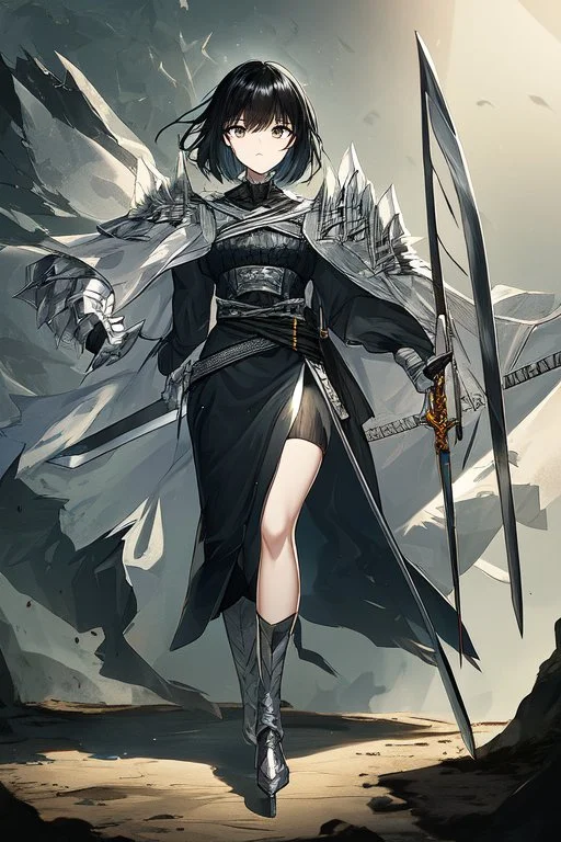 Anime girl with short black hair and sharp green eyes, holding a pike, full body black and white metal plate armour, full body shot, Dramatic lighting,1woman, soaked in blood, Warrior, standing pose, sword at the waist, close shot