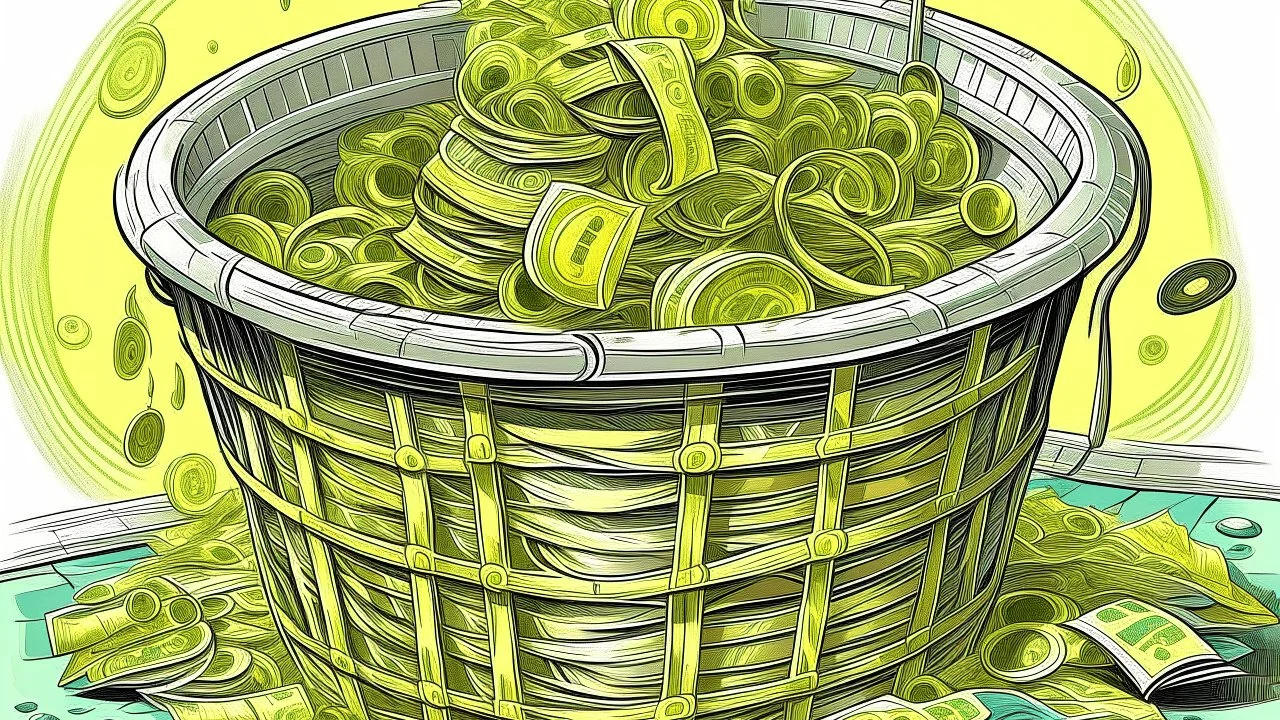 fantasy illustration: Gold and money in a laundry basket together with laundry