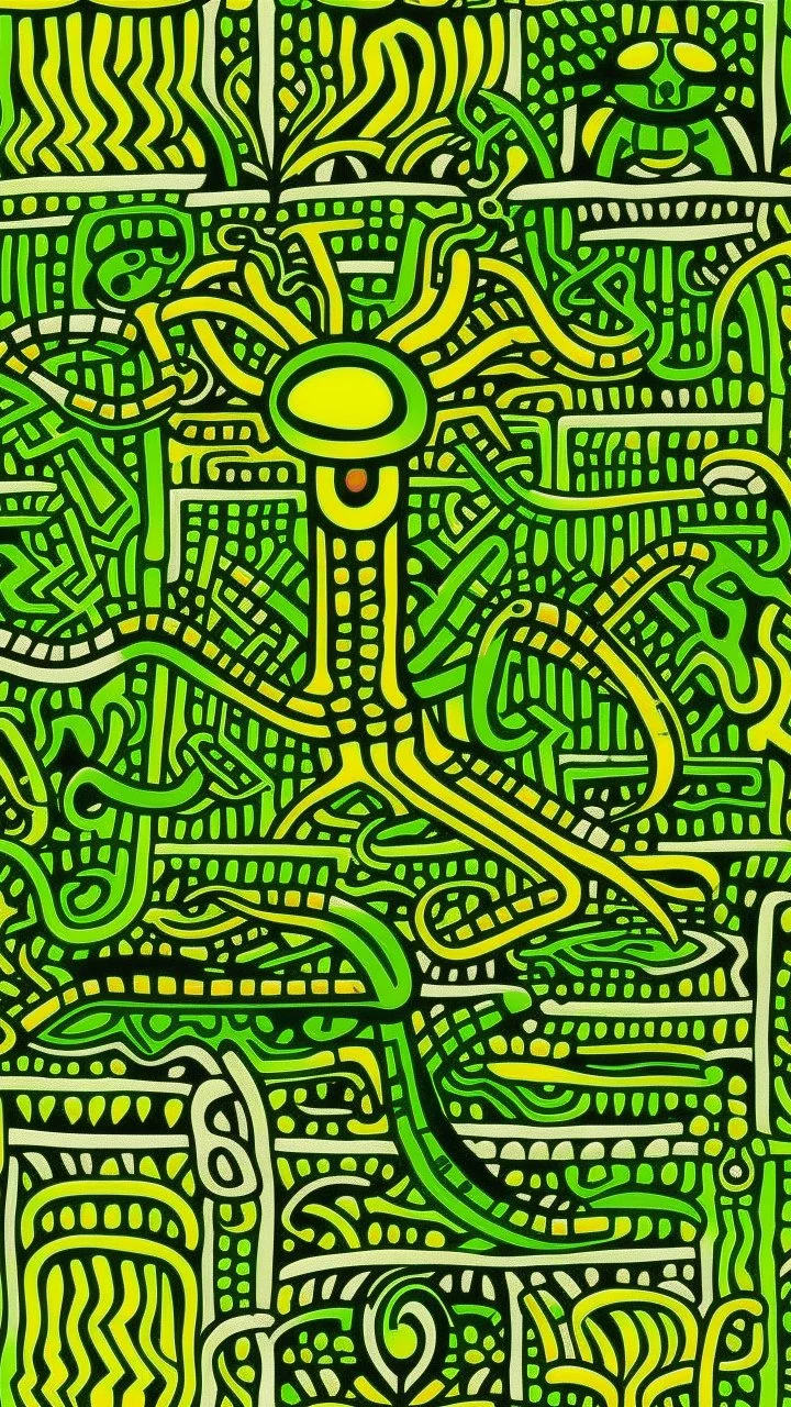 A lime green toxic swamp with snakes designed in ancient Roman mosaics painted by Keith Haring