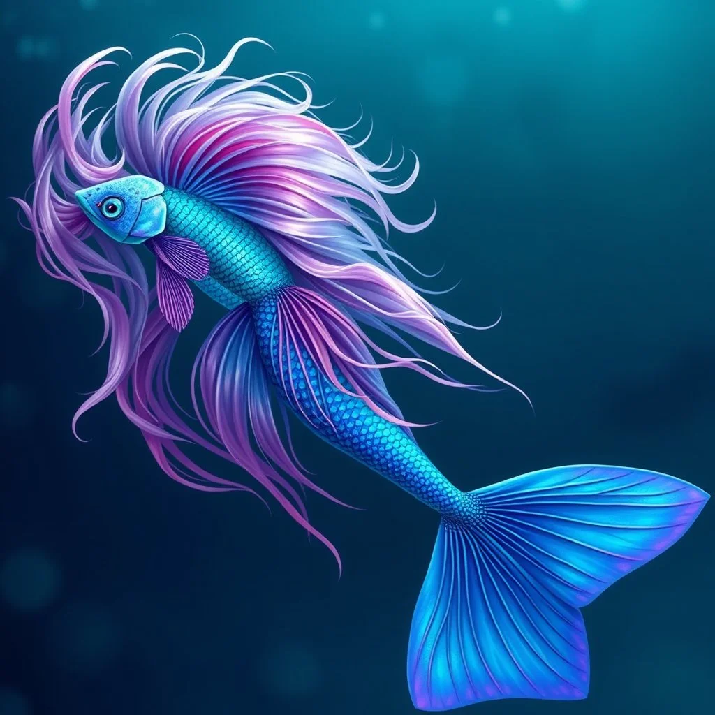 A mesmerizing mermaid inspired by a betta fish. She has flowing blue-to-pink hair, glowing teal and lavender eyes, and iridescent oceanic armor. Her long, graceful tail mimics betta fins, starting in deep cobalt and fading into vivid purples and pinks. Delicate fins fan out from her tail, rippling gracefully as she swims. realistic, high definition, intricate details, swimming in the ocean